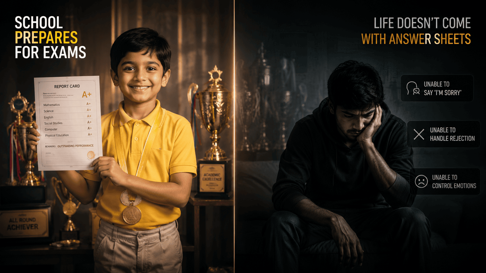 A boy proudly holding an A+ report card surrounded by trophies, beside a grown man sitting alone in the dark, unable to cope with rejection and emotion